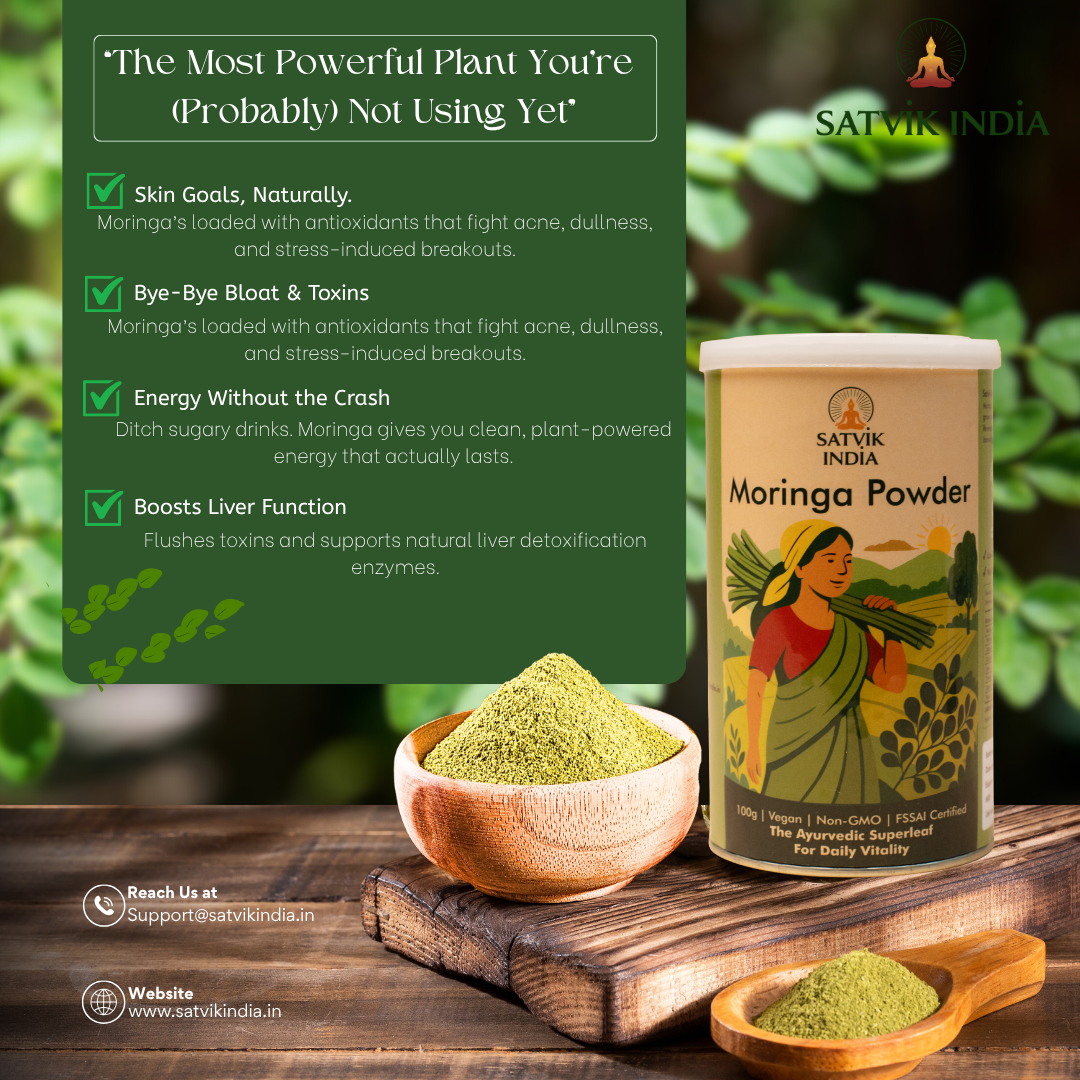 Organic Moringa Powder 100g β Essential Nutrition Superfood, Helps Naturally Boost Energy Levels, Improves Stamina & Vitality, Rich In Vitamins & Minerals| Satvik India
