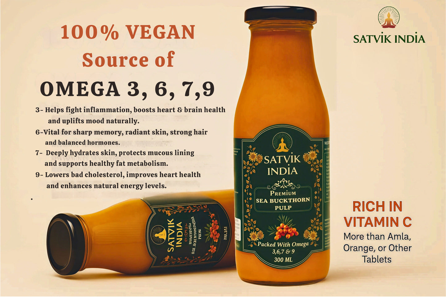 Sea Buckthorn Pulp – Himalayan Superberry Juice | Rich in Vitamin C, Omega 3-6-7-9 & Antioxidants | Satvik India