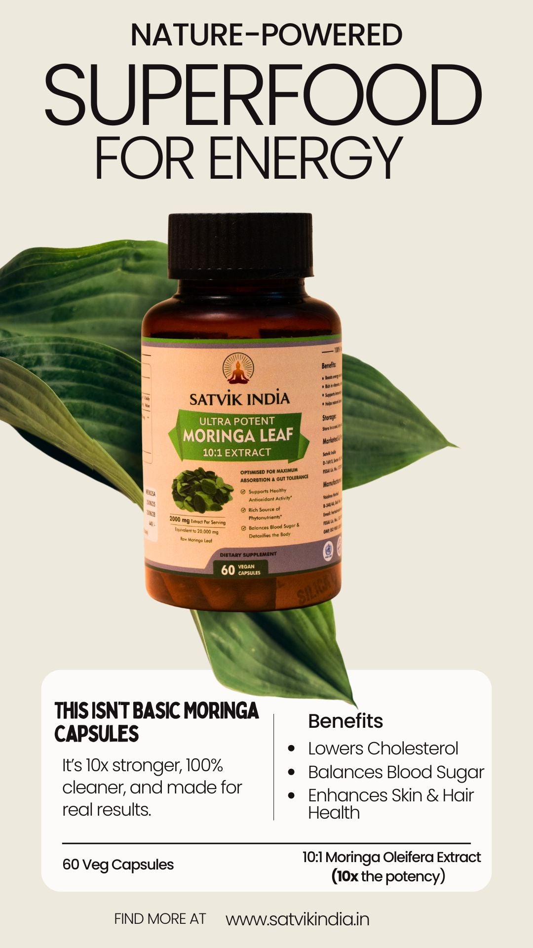 Moringa Capsules 10:1 Extract – High-Potency Plant Nutrition for Energy, Immunity & Hormonal Balance | Satvik India