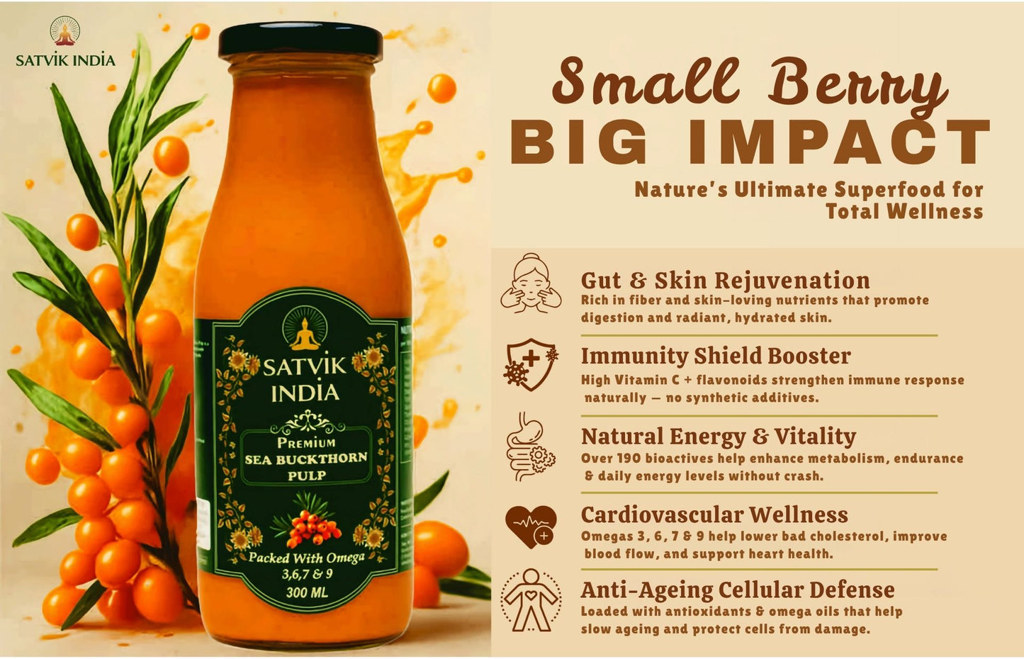 Sea Buckthorn Pulp – Himalayan Superberry Juice | Rich in Vitamin C, Omega 3-6-7-9 & Antioxidants | Satvik India