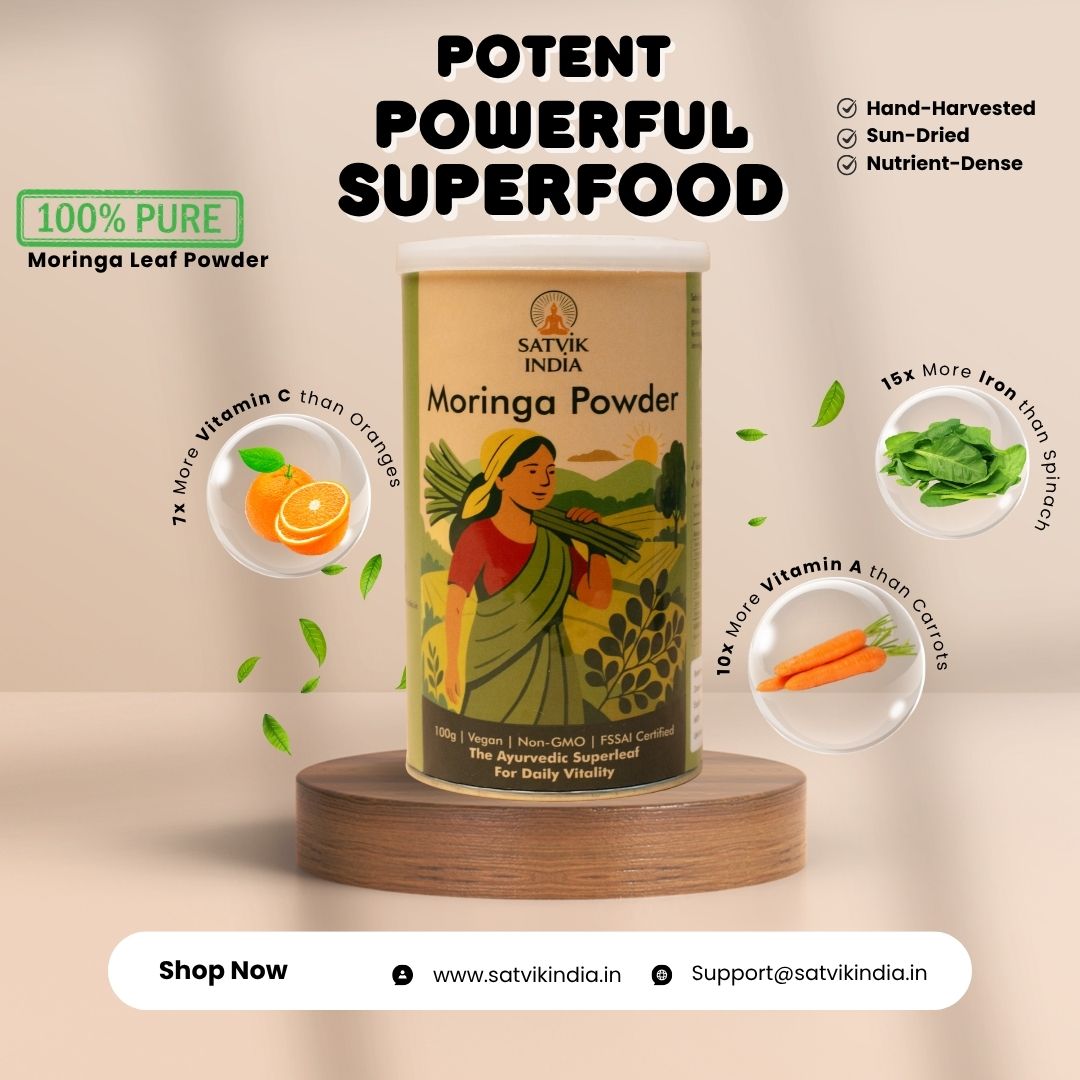 Organic Moringa Powder 100g –  Essential Nutrition Superfood, Helps Naturally Boost Energy Levels, Improves Stamina & Vitality, Rich In Vitamins & Minerals| Satvik India