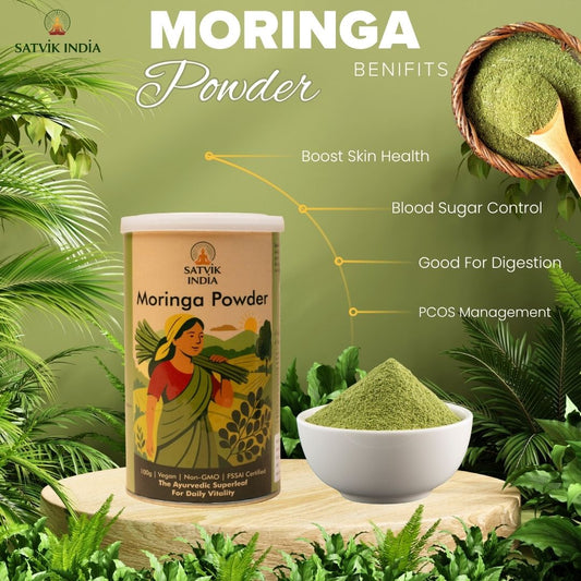 Organic Moringa Powder 100g –  Essential Nutrition Superfood, Helps Naturally Boost Energy Levels, Improves Stamina & Vitality, Rich In Vitamins & Minerals| Satvik India